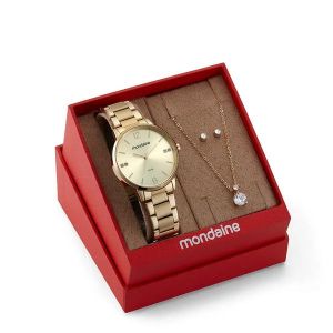 Kit Relógio Feminino Cristais Dourado Mondaine | Flávio's Calçados