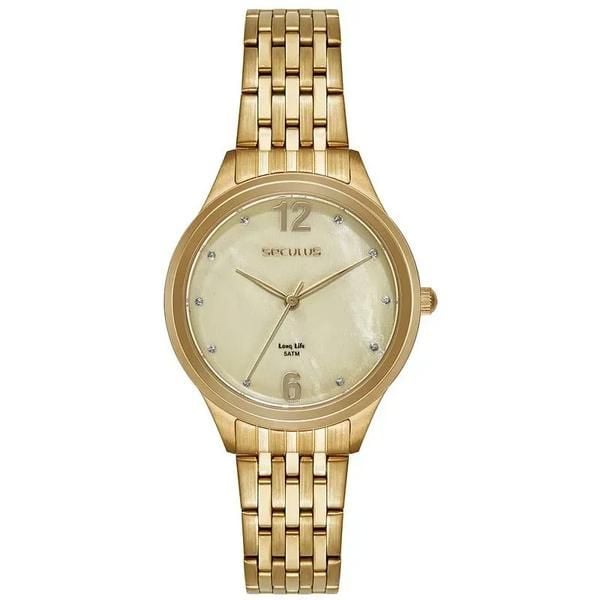 Relógio Feminino Dourado Cristais Seculus - Estilo e Elegância | Flávio's Calçados