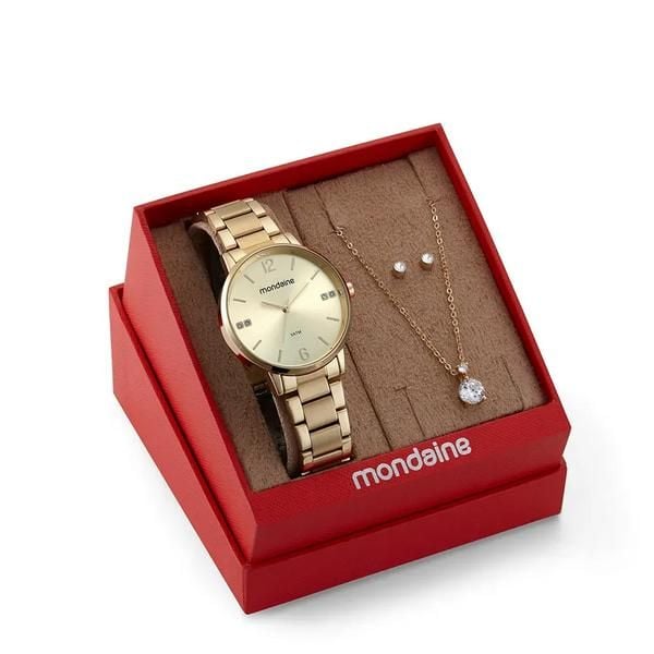 Kit Relógio Feminino Cristais Dourado Mondaine | Flávio's Calçados