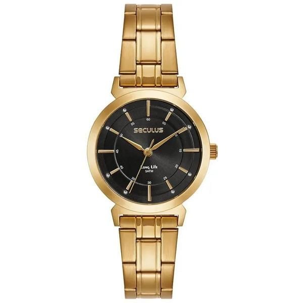 Relógio Feminino Dourado Seculus Mostrador Preto | Flávio's Calçados