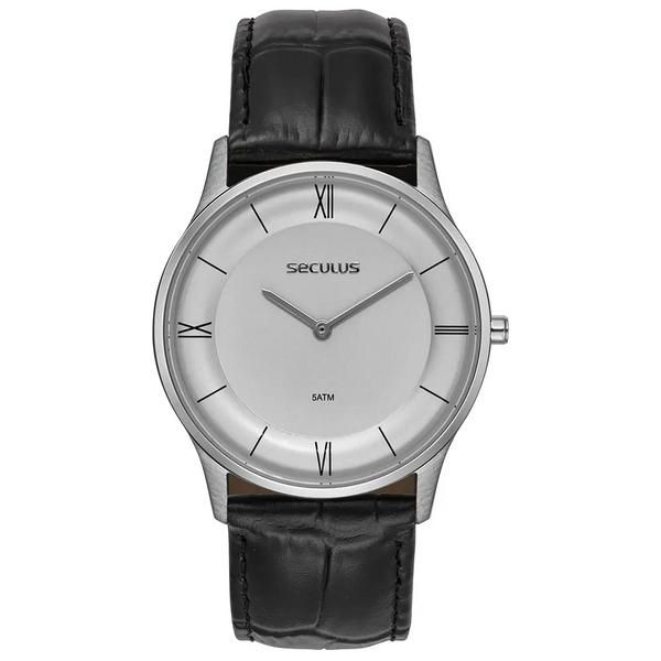 Relógio Masculino Seculus Slim Minimalista Couro Preto | Flávio's Calçados
