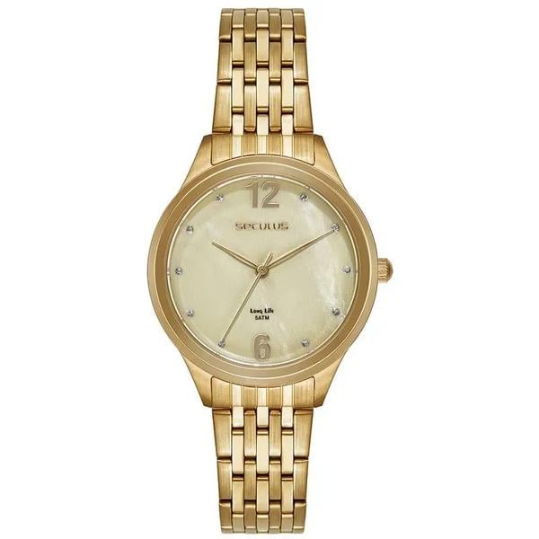 Relógio Feminino Dourado Cristais Seculus - Estilo e Elegância | Flávio's Calçados