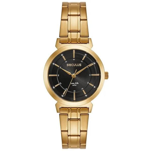 Relógio Feminino Dourado Seculus Mostrador Preto | Flávio's Calçados