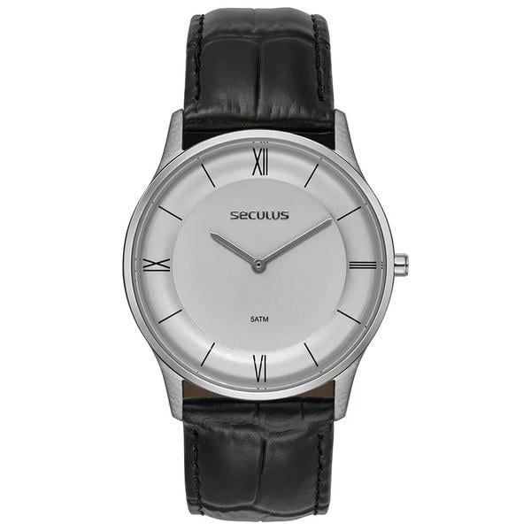 Relógio Masculino Seculus Slim Minimalista Couro Preto | Flávio's Calçados