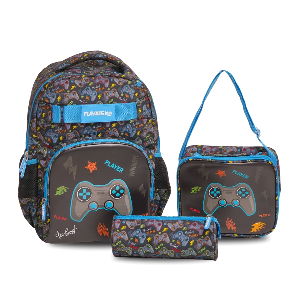 Kit Escolar Mochila Infantil Gamer Player Preto/Azul | Flávio's Calçados